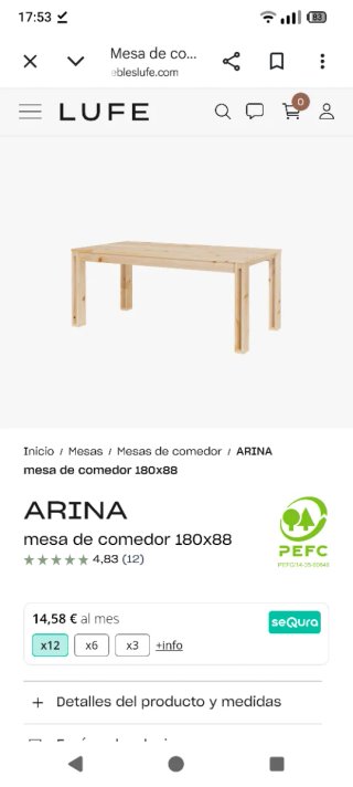 Tavolo da pranzo in legno 180x88 Arina (Lufe)