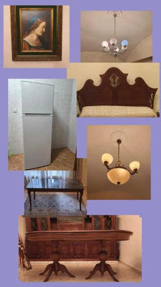 Muebles varios: mesa, cómoda, sofá, lámparas
