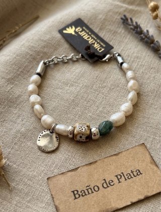 Pulsera Perlas Baño Plata Piedra Verde 21 cm Nueva