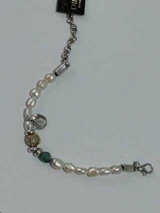Pulsera Perlas Baño Plata Piedra Verde 21 cm Nueva