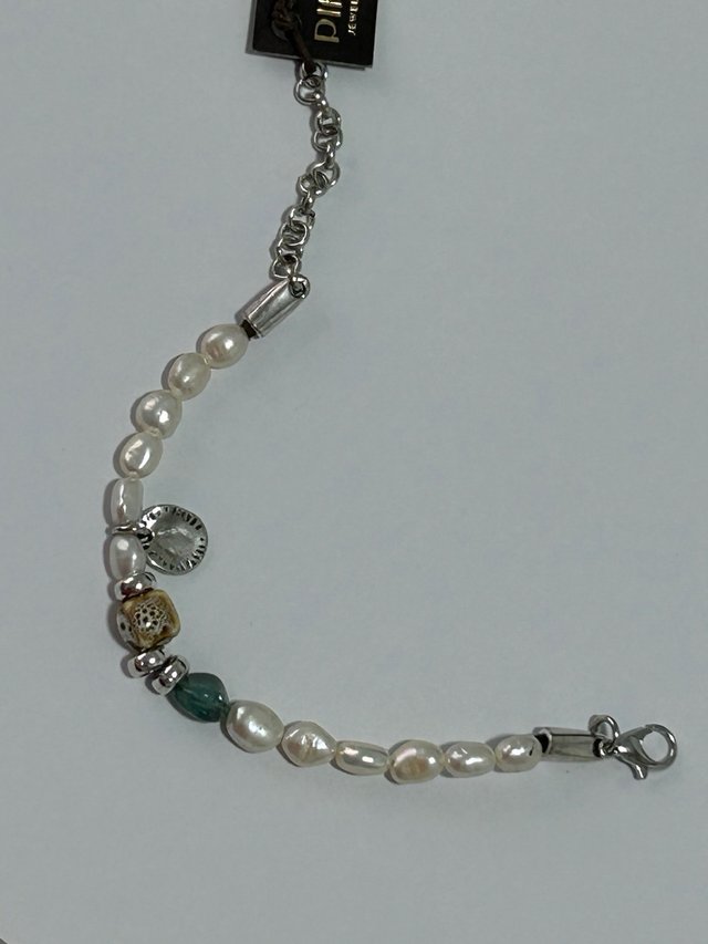 Pulsera Perlas Baño Plata Piedra Verde 21 cm Nueva