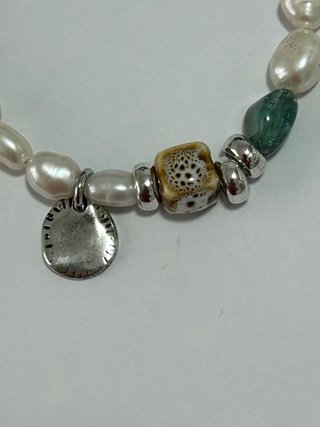 Pulsera Perlas Baño Plata Piedra Verde 21 cm Nueva