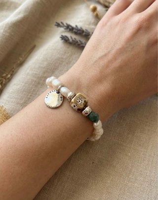 Pulsera Perlas Baño Plata Piedra Verde 21 cm Nueva