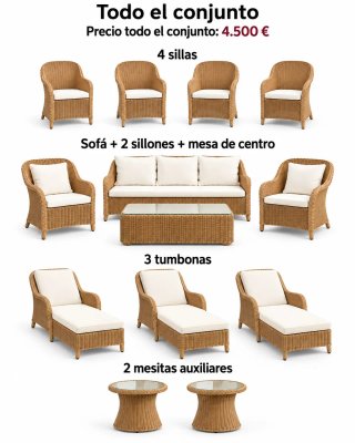 Conjunto Muebles Jardín Ratán y Cristal