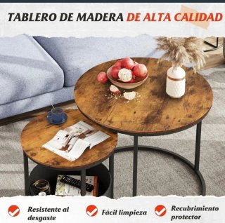Juego 2 Mesitas Redondas Madera y Metal