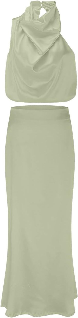 Conjunto satén top y falda elegante verde
