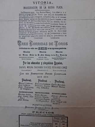 Cartel inauguracion Plaza de Toros Vitoria 1880