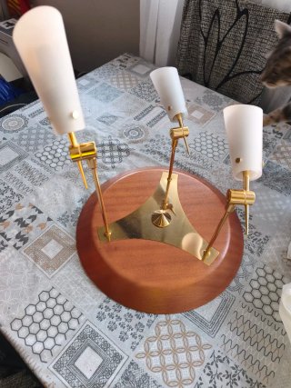 Lámpara de techo 3 focos madera y dorado
