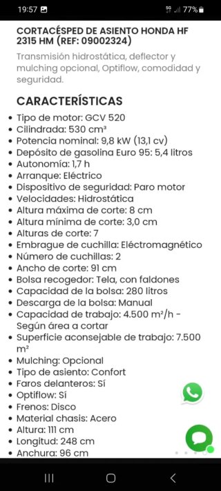 Cortacésped Honda 2315 Hydrostatic
