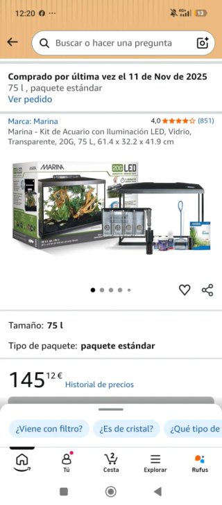 Pecera 75L con filtro Marina Slim S20