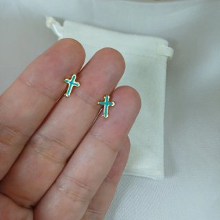 Pendientes Cruz Chapado Oro Verde Mar