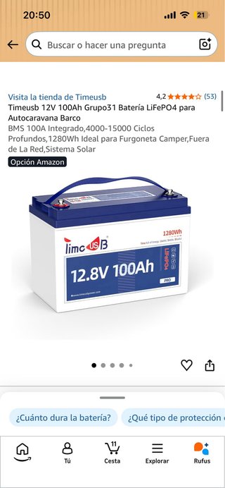 2 Baterías Litio 100Ah Camper Autocaravana