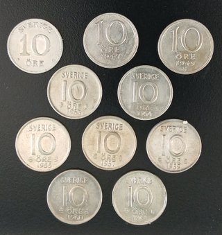 10 Monedas de 10 Ore ¡Plata! Suecia