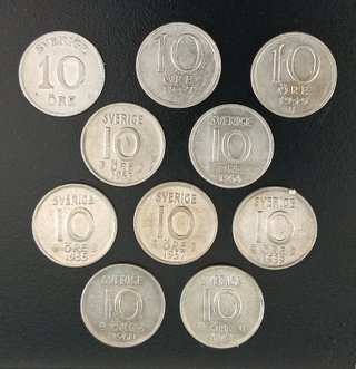 10 Monedas de 10 Ore ¡Plata! Suecia