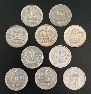 10 Monedas de 10 Ore ¡Plata! Suecia