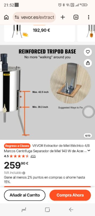 Extractor Miel Eléctrico VEVOR 4 panales nuevo