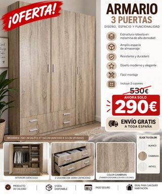 Armario NUEVO 3 puertas + 2 cajones | Envío Gratis
