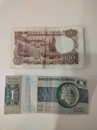Lote 7 monedas y 2 billetes: España y Brasil
