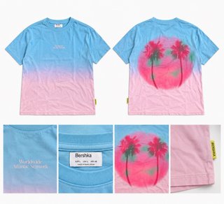 Camiseta Bershka degradado azul/rosa palmeras