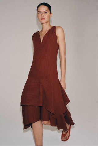 Vestido Zara Lino Rayas Marrón Talla XS