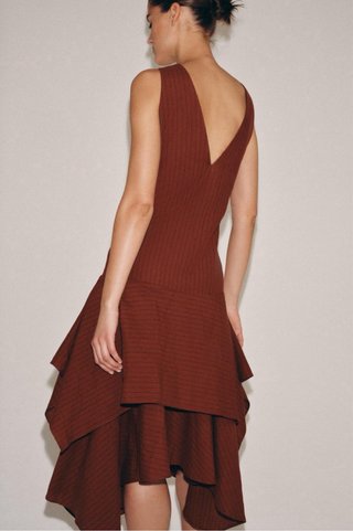 Vestido Zara Lino Rayas Marrón Talla XS