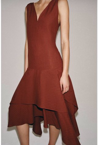 Vestido Zara Lino Rayas Marrón Talla XS