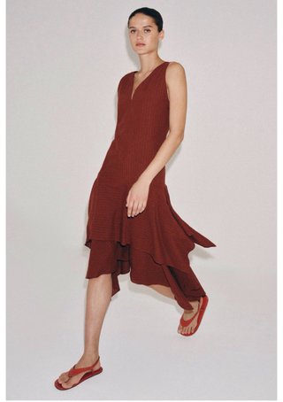Vestido Zara Lino Rayas Marrón Talla XS