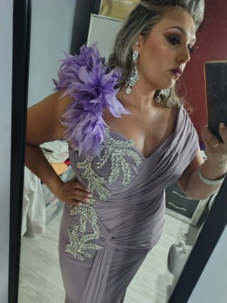 Vestido fiesta boda gitana morado y plata