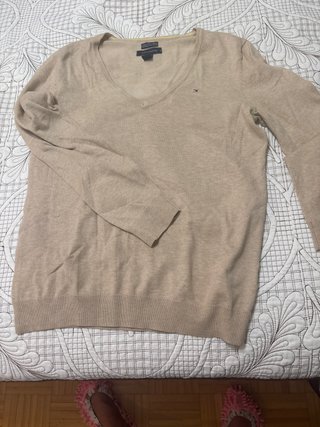 Jersey Tommy Hilfiger cuello pico beige mujer