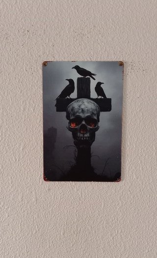 Póster Metal Cruz Calavera Cuervos