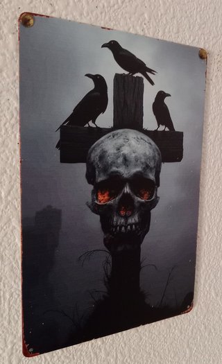 Póster Metal Cruz Calavera Cuervos