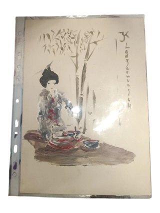 Pintura japonesa mujer y bambú