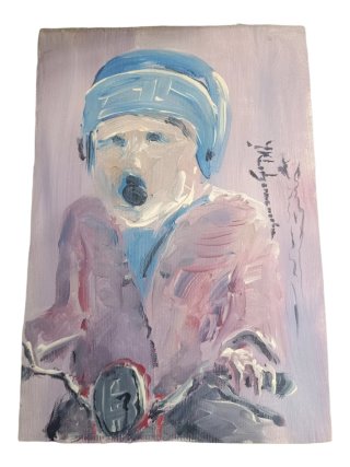 Pintura al óleo de niño en moto