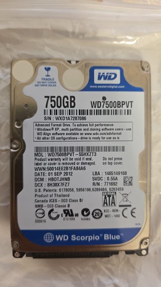 WD Scorpio Blue 750GB 2.5" SATA HDD probado