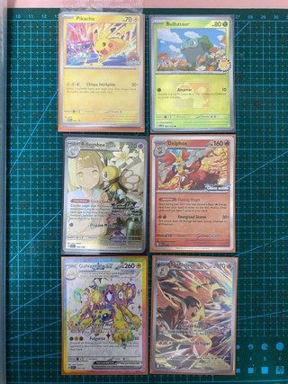 Lote 6 Cartas Pokémon: Pikachu, Bulbasaur, etc.