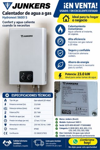 Calentador Junkers Hydronext 5600 S 23KW Gas