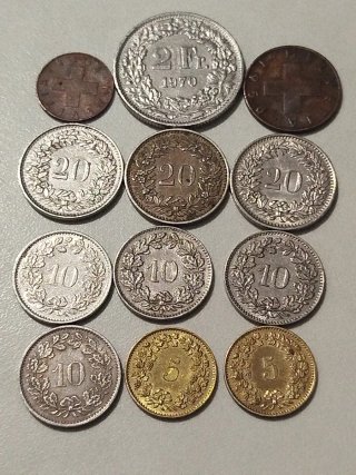 Lote de 12 monedas Suizas.