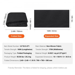Tela Geotextil No Tejida Bajo Grava, 3 m x 30.5 m 271g/㎡ Tela para Entrada Tela de Paisajismo, Tela Barrera de Malezas de Alta Resistencia, Tela de Cubierta del Suelo Control de Malezas, Tela de D...