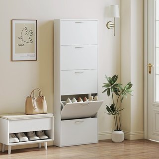 Zapatero Slim Alto Con 5 Puertas Abatibles, Zapatero de Entrada Con Superficie Superior para Objetos, Zapatero Compacto para 15 Pares Con Asa, 65X17X180.5 Cm, Blanco