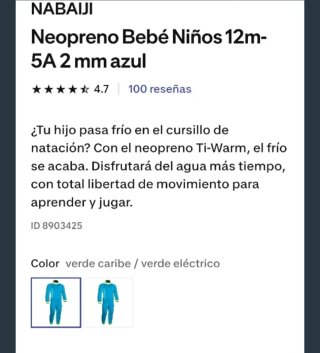 Neopreno Nabaiji 2-3 años - nuevo