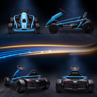 Go Kart Eléctrico para Niños de 8-12 Años, 24V 6-13Km/H Drift Go Kart para Niños con Arranque Lento, Claxon, Música y Cinturón de Seguridad, Azul y Negro