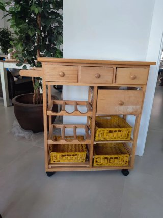 Carrito Cocina Madera Botellero Cestas Mimbre