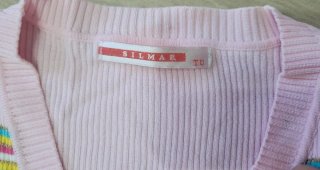 Cardigan vintage righe arcobaleno rosa