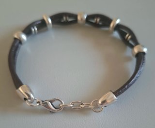 Pulsera cuero marrón y zamak plata