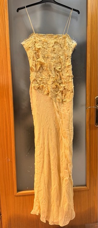 Vestido Zara Beige Encaje Flores largo