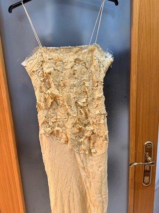 Vestido Zara Beige Encaje Flores largo