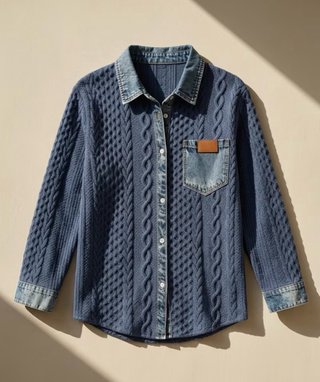 Camisa tejida y denim combinada
