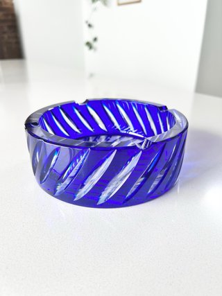 Cenicero Vintage Cristal Azul Cobalto Tallado