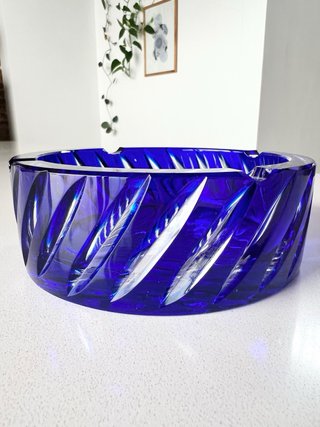 Cenicero Vintage Cristal Azul Cobalto Tallado