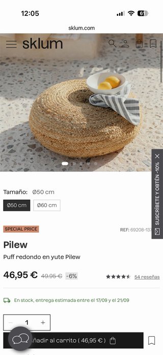 Puff redondo yute Sklum Pilew 50cm